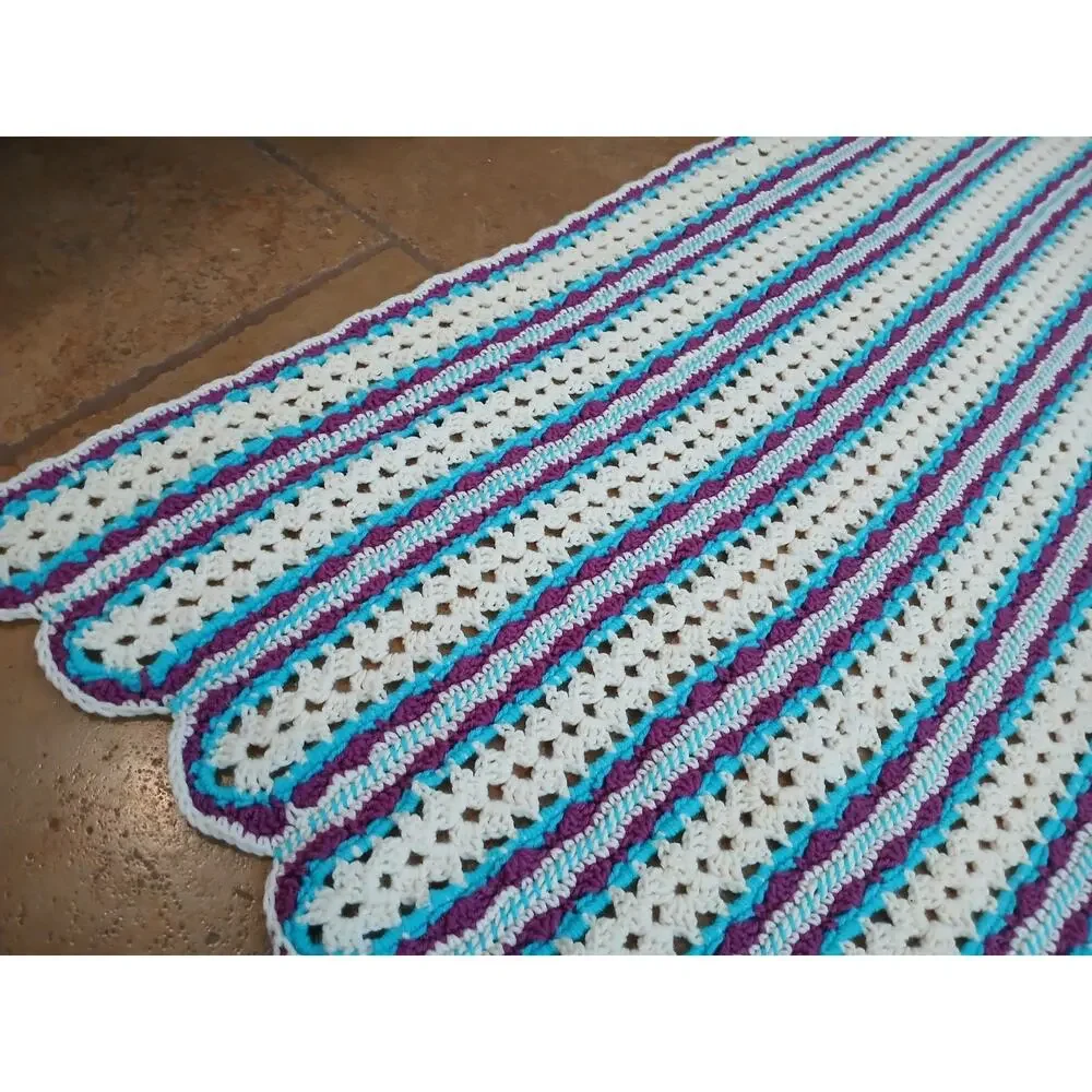VNT Crochet Blanket Throw Afghan 68.x37 Blue White Stripes Scallop Hippie Granny